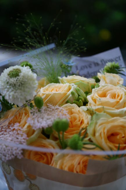 A close-up of a floral arrangement featuring creamy peach roses with gently unfurling petals, accompanied by small white globe amaranth flowers and delicate green buds. The bouquet is wrapped in light