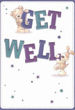 Brimming with warmth and optimism, this get well card brings a joyful spirit reminiscent of a sunny afternoon along Chiswick's leafy streets. In the centre, a golden teddy bear with cuddly, textured fur teams up with an energetic, floppy-eared puppy, both playfully propping up cheerful, oversized letters that spell 'Get Well' in bold shades of indigo and teal. Sprinkled across the crisp, cream background, stars in varying blues and purples twinkle with playful possibility, as if scattering good wishes over Grove Park. Every detail, from the bear's soft fluff to the puppy's velvety muzzle, is rendered with tactile care, echoing the personal touch found in each arrangement by Chiswick Florist. The entire scene communicates a nurturing embrace-a perfect way to send comfort and positivity to a loved one in Chiswick on their journey toward brighter days, much like the thoughtful delivery of a fresh bouquet designed to heal and uplift.